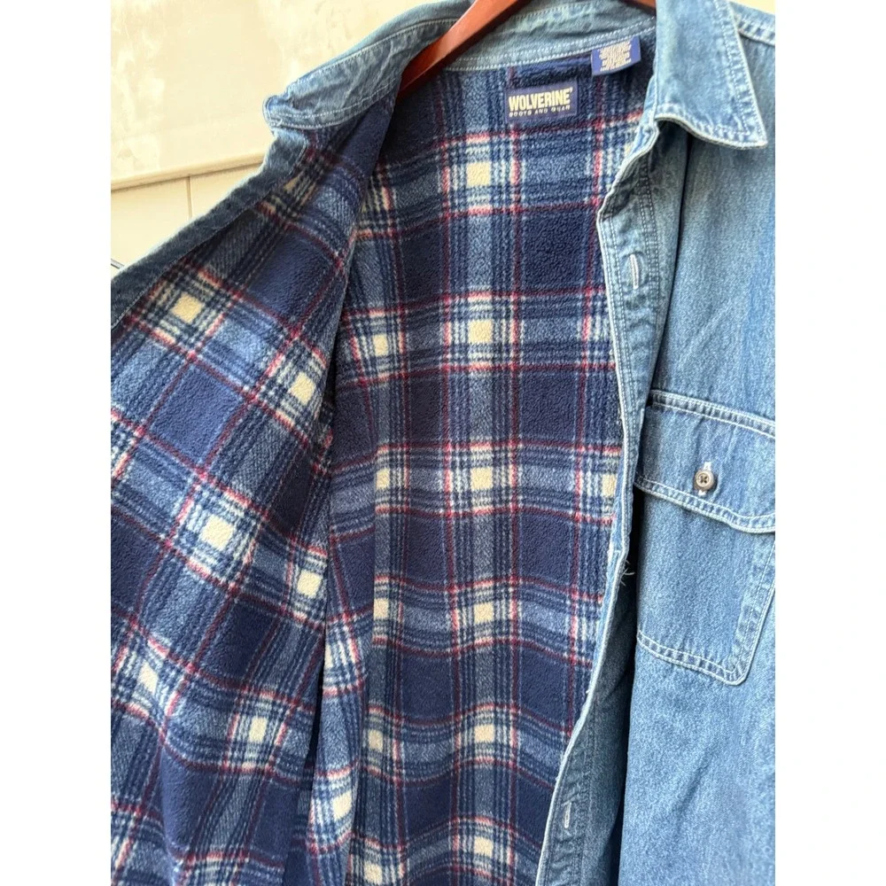 Wolverine Mens XL Denim Shirt Jacket Fleece Lined Plaid Blue Cotton Workwear